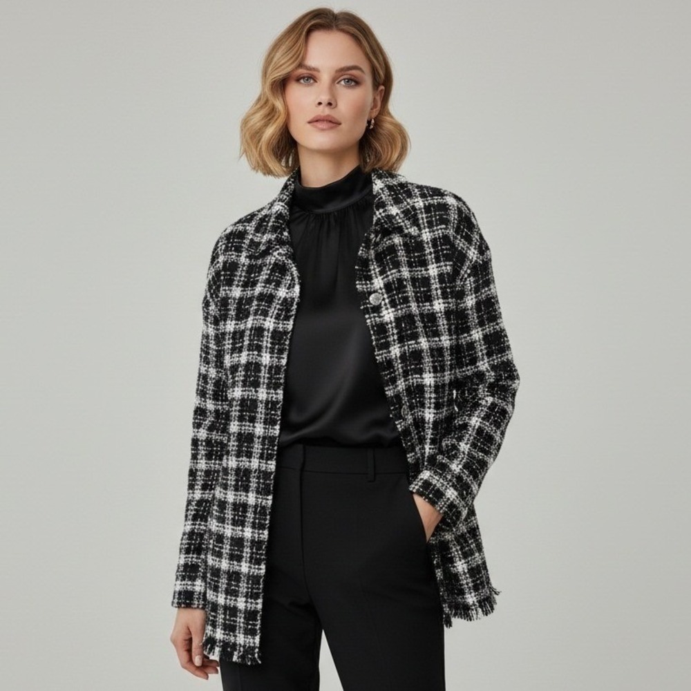 Laundry Tweed Jacket Womens Medium Plaid Snap Front Black White Lightweight